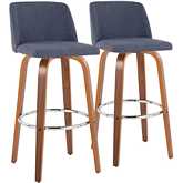 Toriano 30" Swivel Bar Stool in Walnut Wood & Blue Fabric with Chrome Footrest (Set of 2)